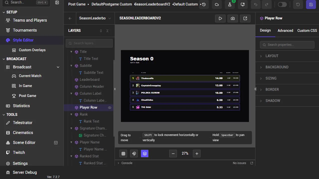 Style Editor v2 editing a Season Leaderboard player row, with the layer tree, live preview and property controls visible.